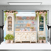 Aperturee - Blue Wall Pink Floral Delicate Wood Cupboard Backdrop